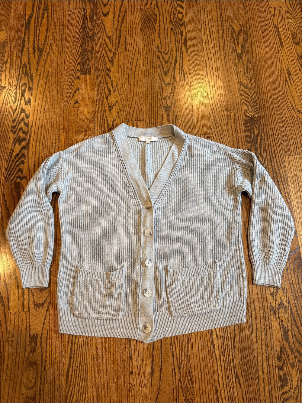 LOFT Gray Ribbed Cardigan Sweater with Pockets L